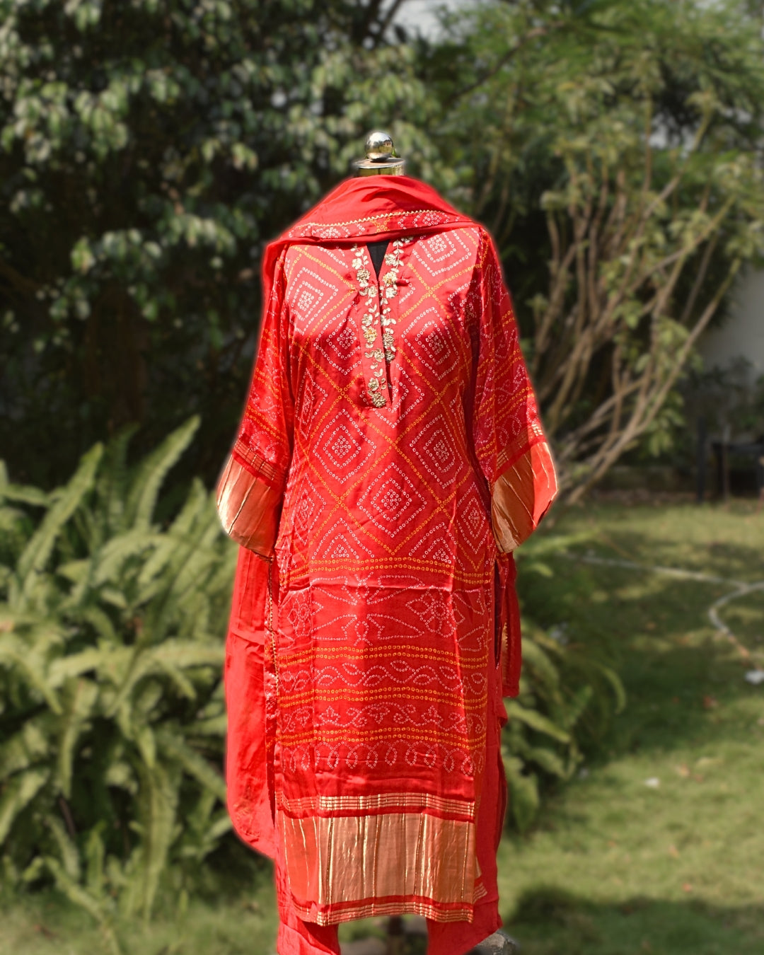 Red gaji silk Bandhni dress