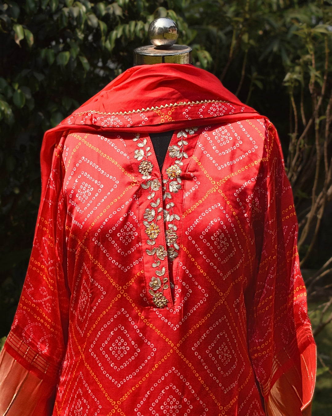 Red gaji silk Bandhni dress
