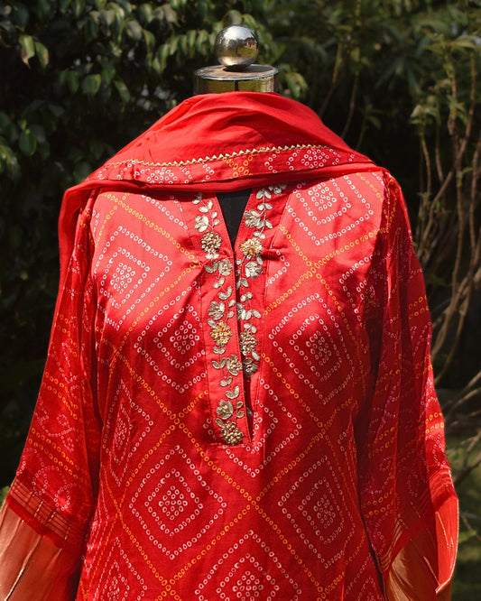 Red gaji silk Bandhni dress