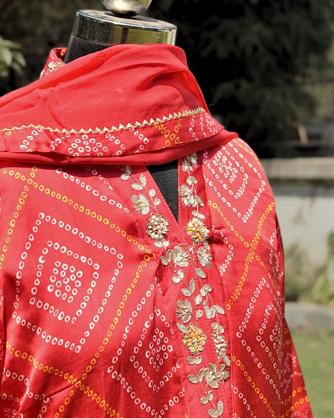 Red gaji silk Bandhni dress